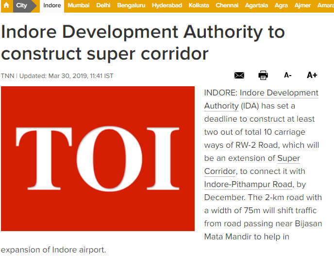 INDORE DEVELOPMENT AUTHORITY TO CONSTRUCT SUPER CORRIDOR